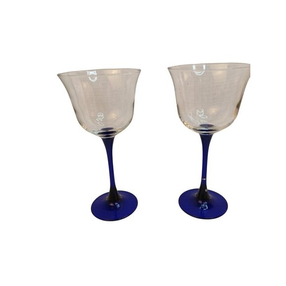 Luminarc Americana Blue 8.5oz Wine Glasses Cobalt Blue Stem Vintage Set of 2 - Picture 7 of 7